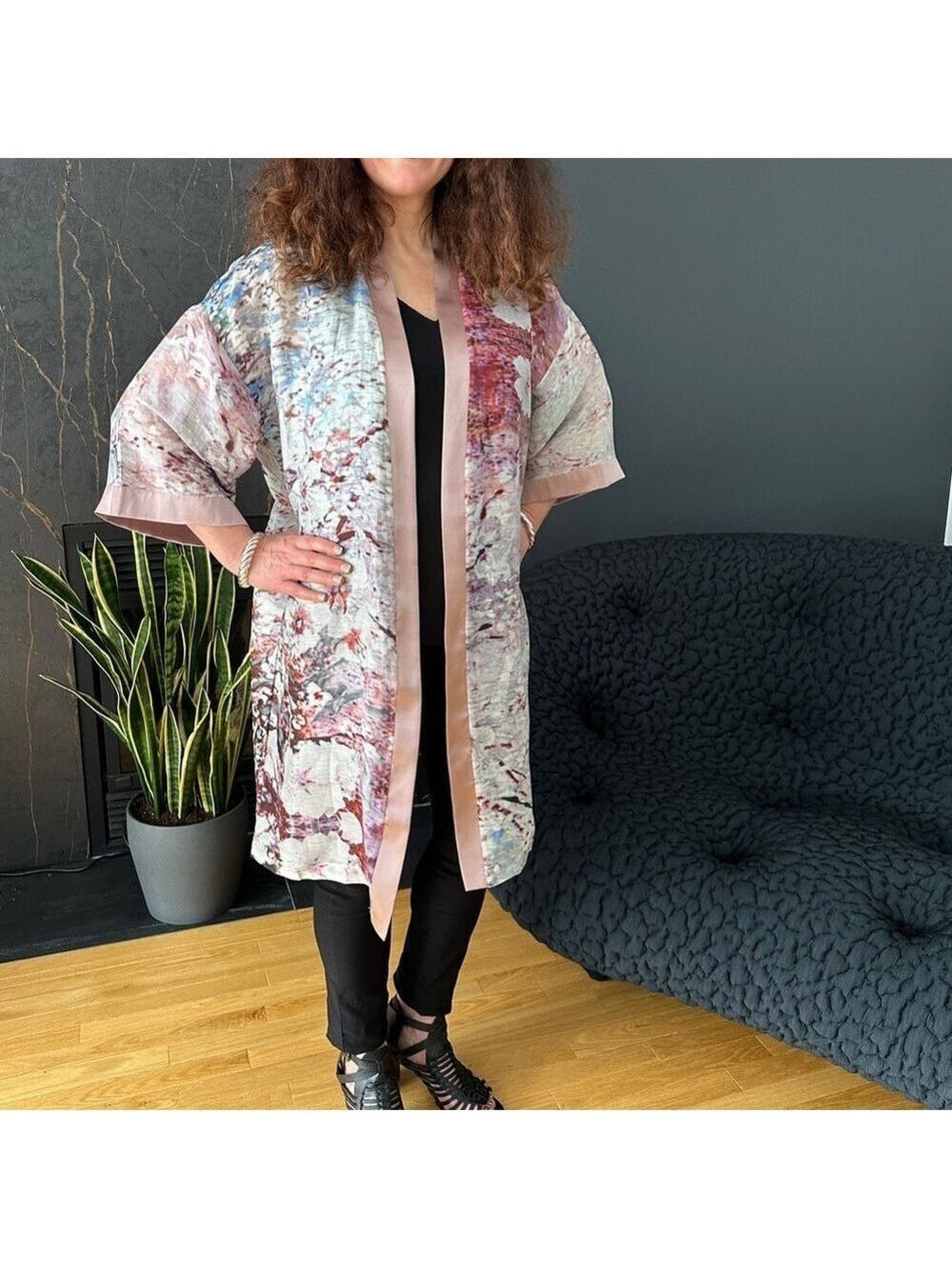 Love’s Pure Light Almond Blossoms Silk & Linen Kimono D-524, OS